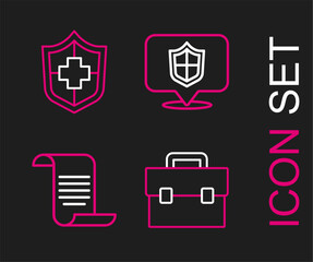 Set line Briefcase, Document with shield, Location and Life insurance icon. Vector
