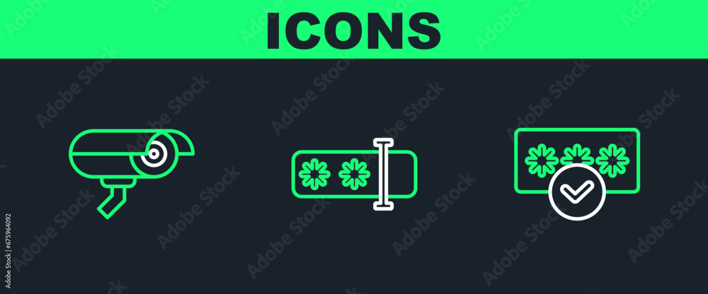 Poster set line password protection, security camera and icon. vector