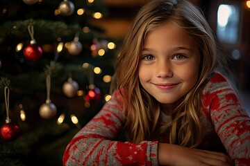 Beautiful happy girl smiles while sitting next to Christmas tree.