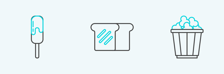 Set line Popcorn in box, Ice cream and Bread toast icon. Vector