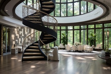 design a room with a spiral staircase and featuring with a custo
