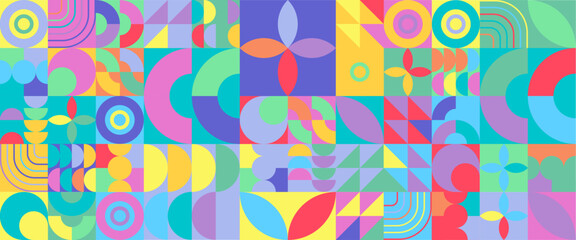 Colorful colourful modern minimalist mid century neo geometric mosaic bauhaus style memphis seamless pattern abstract vector illustration