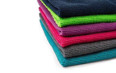 a stack of multicolored, microfiber cloths, for cleaning