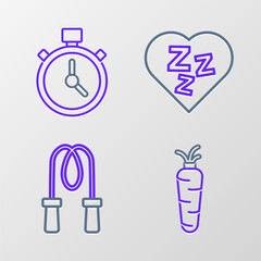 Set line Carrot, Jump rope, Sleepy and Stopwatch icon. Vector