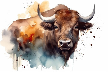 watercolor painting illustration of big and strong buffalo isolated on a white background with splashes of watercolor paints , generative AI