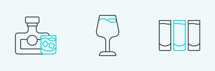 Set line Shot glass, Whiskey bottle and and Wine icon. Vector
