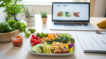 AI-powered meal planning. Artificial intelligence to create meal plans tailored to individual dietary needs. Various Products and food, notepad and laptop on white kitchen at home - obrazy, fototapety, plakaty