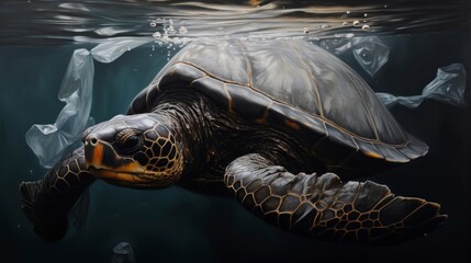 Sea turtle swimming in the ocean amidst plastic bags