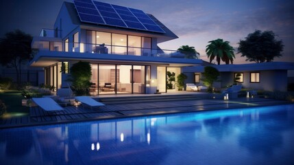 Obraz premium Modern house and swimming pool with solar energy