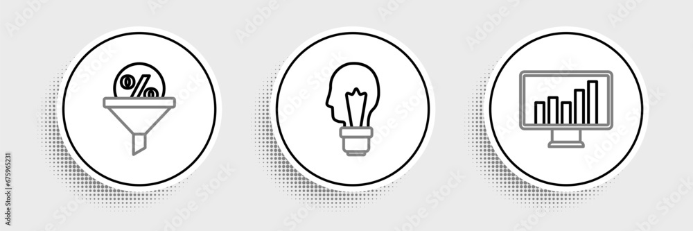 Aufkleber set line monitor with graph chart, lead management and light bulb concept of idea icon. vector