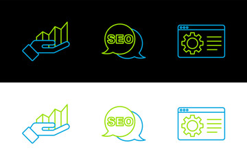 Set line Browser setting, Pie chart infographic and SEO optimization icon. Vector