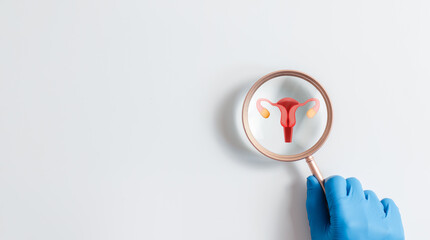 Doctor hand holding magnifying glass focus uterus reproductive system on white background. Diagnosis and prevention of diseases of the female reproductive organs