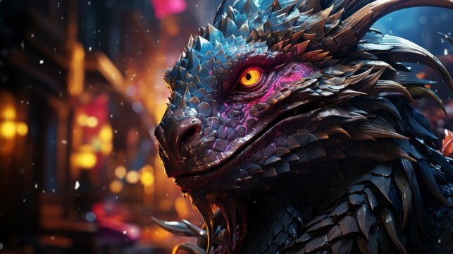 Futuristic neon dragon posing in front of the camera
