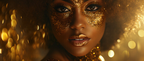 portrait of a beautiful woman with gold paint on her face, luxury, beauty