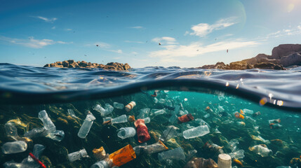 Obraz premium ocean pollution, sea, garbage, trash, plastic bottles, dirty water, environmental disaster, global problems, ecology, environmental, eco-consciousness, waste, human activity, damaged nature, view, eco