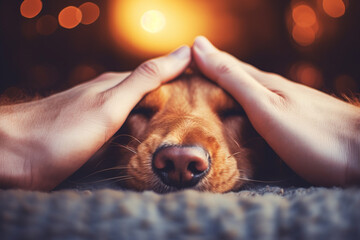 A close up shot of a dog is laying on the floor with its owner’s hand pat on its head. Generative...