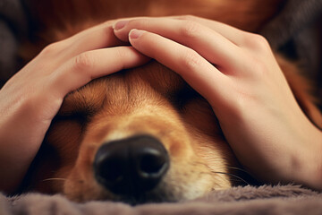 A close up shot of a dog is laying on the floor with its owner’s hand pat on its head. Generative AI.