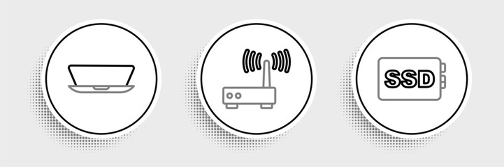Set line SSD card, Laptop and Router and wi-fi signal icon. Vector