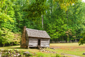 Historic log cabin on farm in the Great Smoky Mountains National Park, Tennessee, USA - 675966257