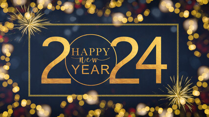 HAPPY NEW YEAR 2024 - Festive silvester sylvester New Year's Eve Party background greeting card illustration with text - Golden fireworks in the dark blue night - obrazy, fototapety, plakaty