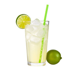 lime Mojito cocktail with lime and mint isolated on a transparent background for a cafe or restaurant menu, Caipirinha glass PNG, a glass of cold beverage of lemonade with ice cubes and a straw - obrazy, fototapety, plakaty