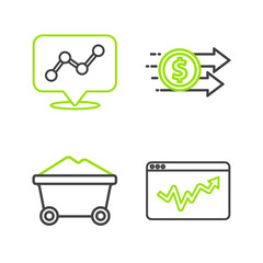 Set line Graph chart infographic, Coal mine trolley, Financial growth dollar and icon. Vector