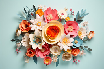 The colorful paper flower bouquet of many flowers such as rose, carnation, and daisy on a light pastel green background for decoration. Generative AI.