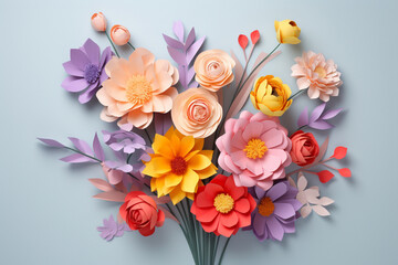 The colorful paper flower bouquet of many flowers such as rose, carnation, and daisy on a light pastel green background for decoration. Generative AI.