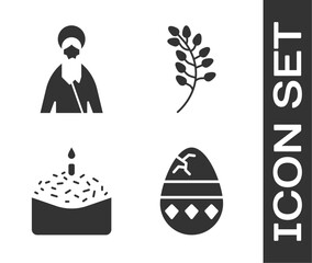 Set Cracked egg, Jesus Christ, Easter cake and candle and Willow leaf icon. Vector