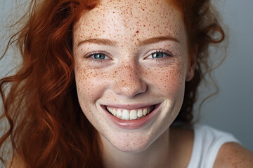 The close up face portrait of a young and beautiful woman with red ginger hair and natural freckles showing her smiling while looking at the camera. Generative AI. - obrazy, fototapety, plakaty