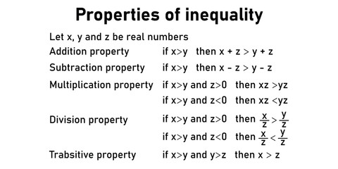 Properties of inequality. Addition, subtraction, multiplication, division and transitive property. Mathematics resources for teachers and students.