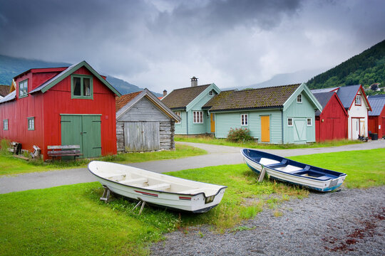 View of boathouses in Vik, Norway
