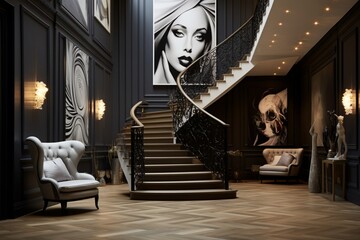 design a room with stair case adorned with artwork