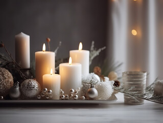 Fototapeta na wymiar Stylish New Year Decorations And Burning Candles Create A Cozy Christmas Atmosphere, generative ai
