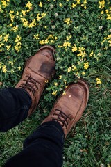 Stepping on the beautiful grass with yellow flowers