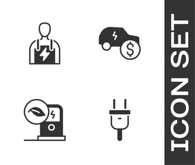 Set Electric plug, Car mechanic, car charging station and price icon. Vector
