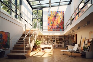 design a room with a stair case leading to an artist studio