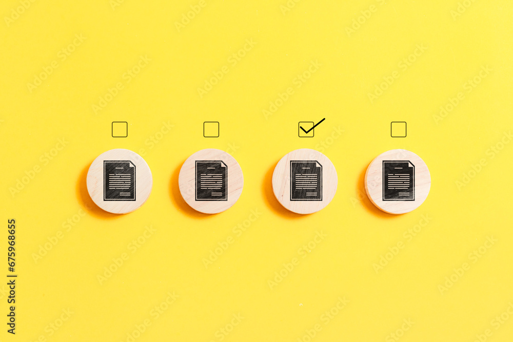 Poster circles wooden block with icons document and approved document on yellow background for approve busi