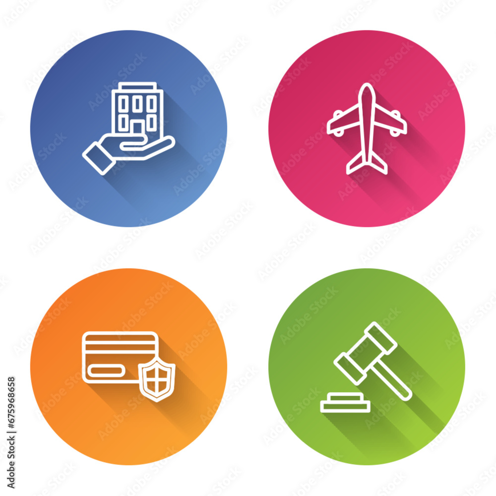 Poster set line house in hand, plane, credit card with shield and judge gavel. color circle button. vector
