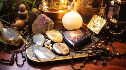 Beautiful esoteric and mystical altar for meditation with crystals and semi-precious stones - obrazy, fototapety, plakaty