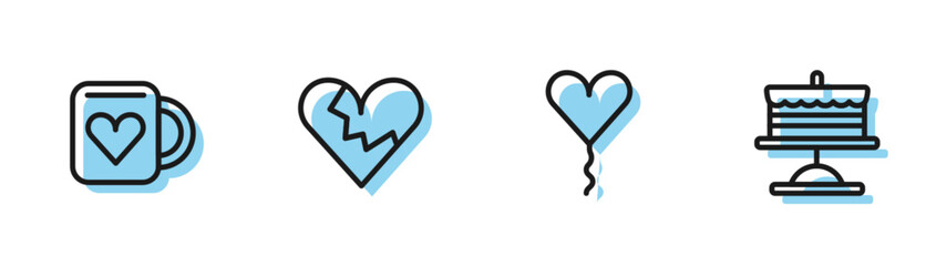 Set line Balloon in form of heart, Coffee cup and, Broken divorce and Cake plate icon. Vector