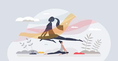 Somatics as body mental and physical retreat for wellness tiny person concept. Mind relaxation and pose for yoga activity vector illustration. Balance workout for healthy figure and mindfulness.