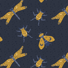 magic pattern with bright insects in golden color