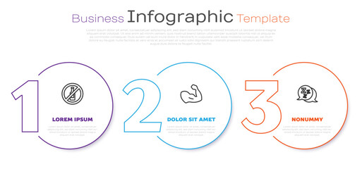 Set line No alcohol, Bodybuilder muscle and Sleepy. Business infographic template. Vector