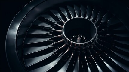 Explore the cutting-edge technology of a modern turbofan engine with this close-up shot of the turbojet on a black background. Marvel at the intricacy of the blades within the turbofan - obrazy, fototapety, plakaty