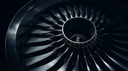 Foto op Plexiglas Explore the cutting-edge technology of a modern turbofan engine with this close-up shot of the turbojet on a black background. Marvel at the intricacy of the blades within the turbofan © Chingiz