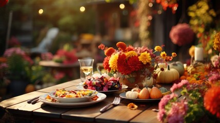 Naklejka na ściany i meble Autumnal outdoor dinner table arrangement including pumpkins and flowers.  Generative Ai.