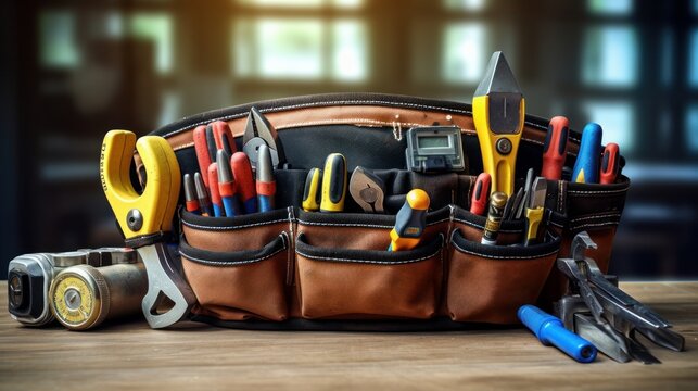 A leather tool belt featuring construction tools displayed on a wooden board, illustrating the concept of maintenance and professional tooling in a workshop setting