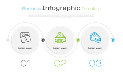 Naklejka premium Set line New price tag dollar, Wooden box for fruits and Steak meat. Business infographic template. Vector