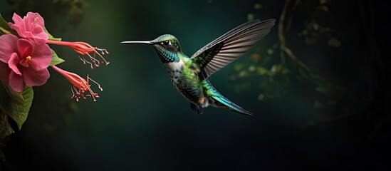 In the lush green background of Idaho s wildlife a small hummingbird with vibrant wings and a delicate beak known as the Calliope gracefully flies while emitting its enchanting call